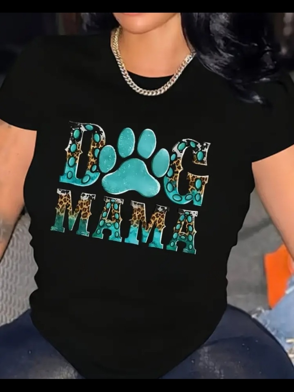 Dog Mama Short Sleeve Tee in Black with Turquoise Paw